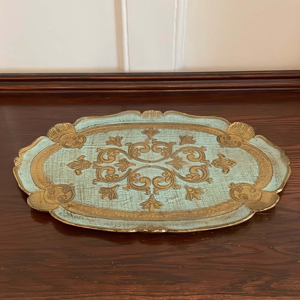 Large Oval Florentine Wooden Gold Inlay Tray